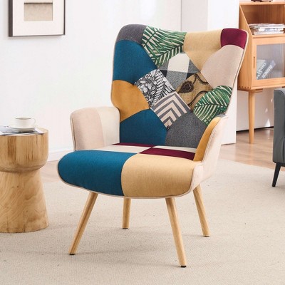 Ferpit Patchwork Upholstered Wingback Accent Chair With Rubberwood Legs ...