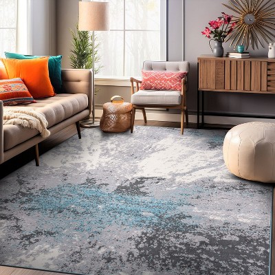 Modern Abstract Gray and Blue Stain Resistant Area Rug
