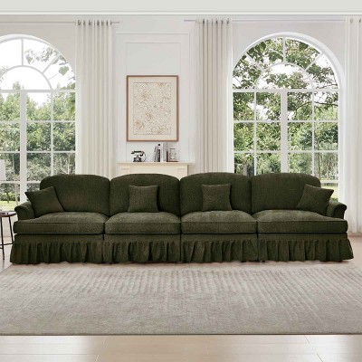 Mid Century Sectional Sofa with Flared Arms, 4-Seater Sofa with Removable Skirt Design, Upholstered Sofa with Chenille Cover-Coolbibila