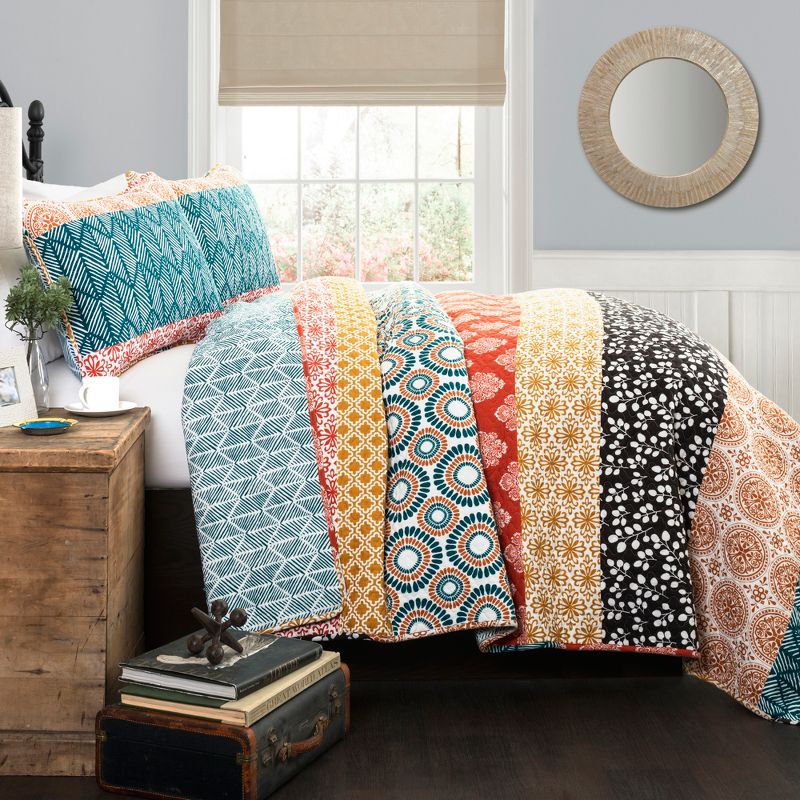 3pc Bohemian Stripe Reversible Oversized Cotton Quilt Bedding Set - Lush Décor, 1 of 4