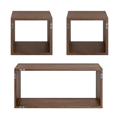 Rustic Brown Wood Floating Wall Shelf Set, 3 Piece