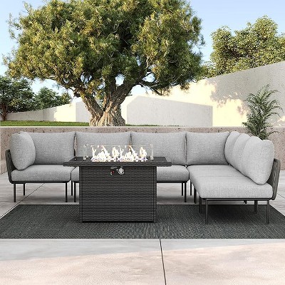 LayinSun 7 Pieces Rope Woven Patio Furniture Set, Modern Modular Sectional Sofa with Fire Pit Table and Upgrade Thickness Cushion
