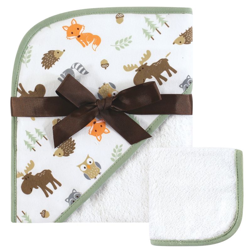 Hudson Baby Infant Boy Cotton Hooded Towel and Washcloth 2pc Set, Woodland, One Size, 1 of 3