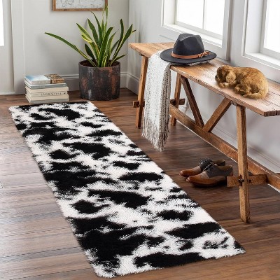 Acekool 2x6 Black White Shag Rug, Ultra Soft Tie-Dye Plush Runner, High Pile Non-Slip Fuzzy Carpet for Bedroom, Nursery, Living Room