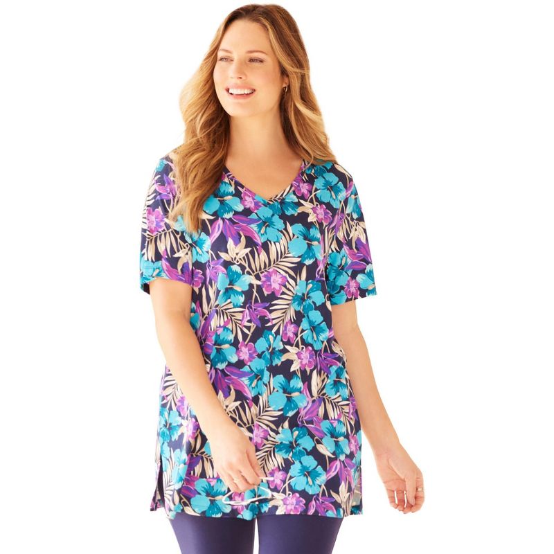 Catherines Women's Plus Size Easy Fit Short Sleeve V-Neck Tunic, 1 of 2