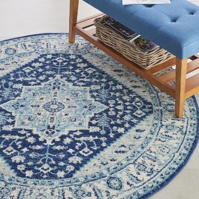 Ivory & Navy Vintage Kashan Round Area Rug, 5'3" Easy-Care Viscose