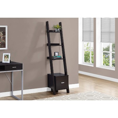 Transitional Cappuccino Wood Corner Ladder Bookcase with Storage Drawer
