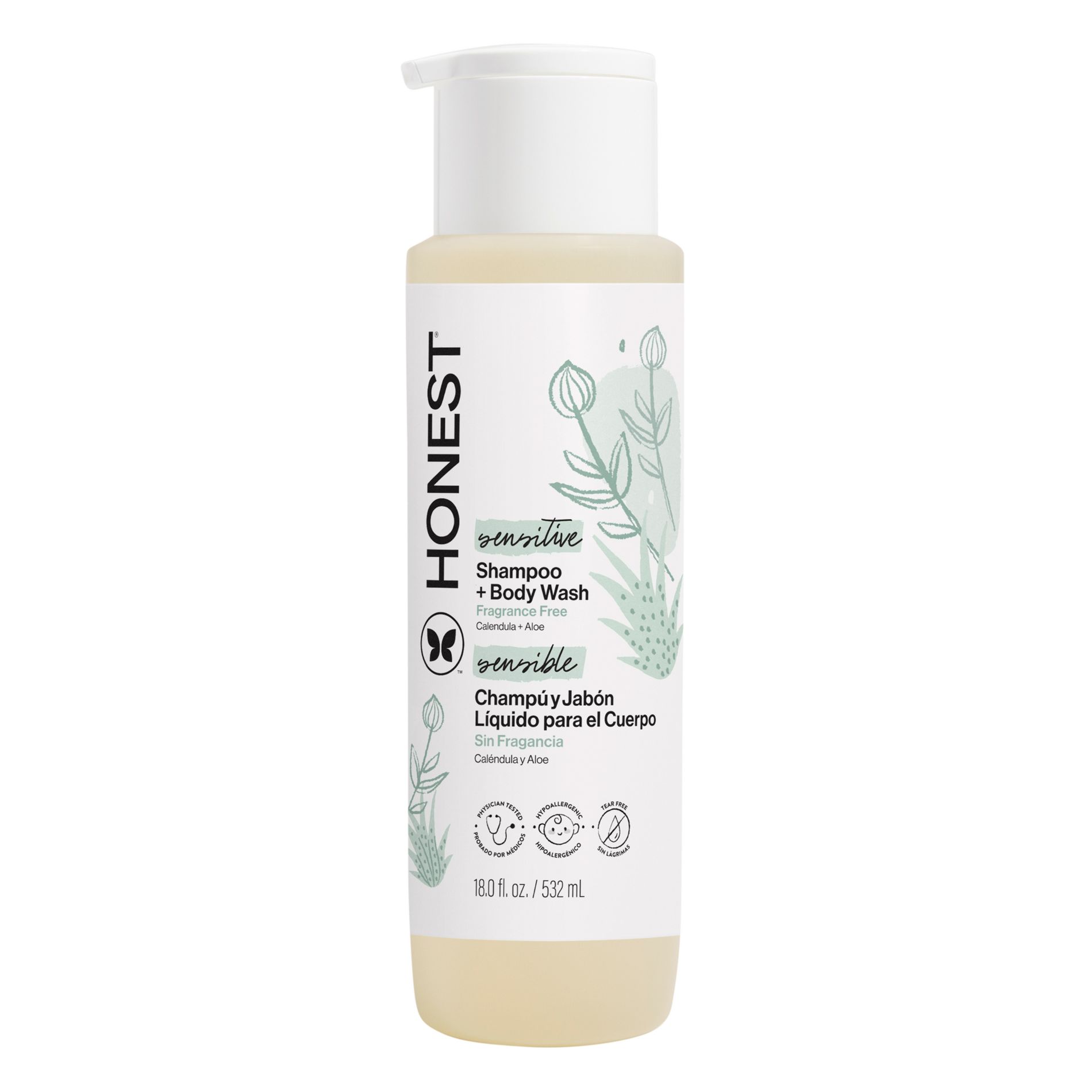 The Honest Company Sensitive Shampoo + Body Wash - Fragrance Free - 18 fl oz: For Daily Use, All Hair Types, Liquid Form