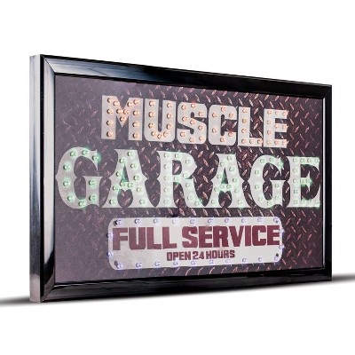 Muscle Garage Full Service Open 24 Hours Framed LED Sign Gray/Brown - Crystal Art Gallery