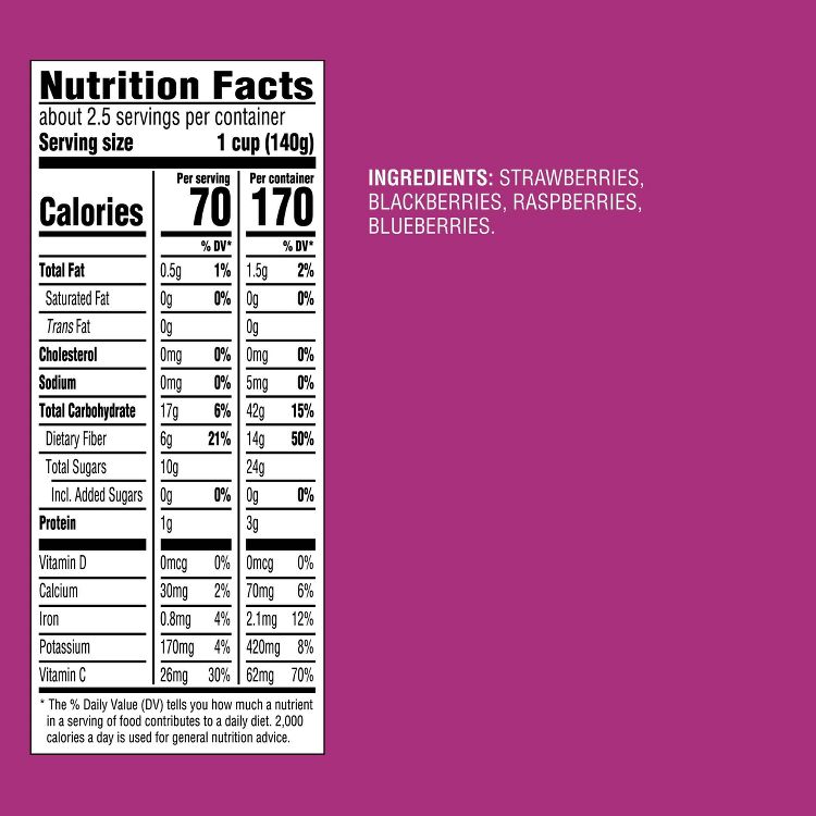 Nutrition facts label showing calories, fat, sugar, and ingredients including strawberries, blackberries, raspberries, and blueberries.