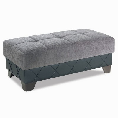 HomeRoots 48" Gray and Brown Chenille And Faux Leather Tufted Storage Ottoman