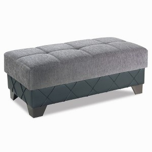 HomeRoots 48" Gray and Brown Chenille And Faux Leather Tufted Storage Ottoman - 1 of 4