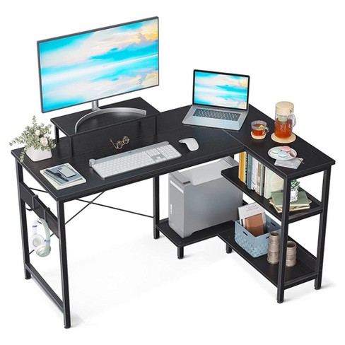 Odk 47 Inch Compact L Shaped Desk For Apartment, Living Room, Bedroom, Or  Office With Storage Shelves, Headphone Hook, And Monitor Stand, Black :  Target
