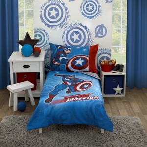 NoJo Marvel Captain America Red, White, and Blue 4 Piece Toddler Bed Set - Comforter, Fitted Bottom Sheet, Flat Top Sheet and Reversible Pillowcase - 1 of 4