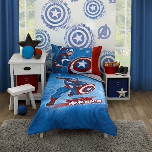 NoJo Marvel Captain America Red, White, and Blue 4 Piece Toddler Bed Set - Comforter, Fitted Bottom Sheet, Flat Top Sheet and Reversible Pillowcase - image 1 of 4