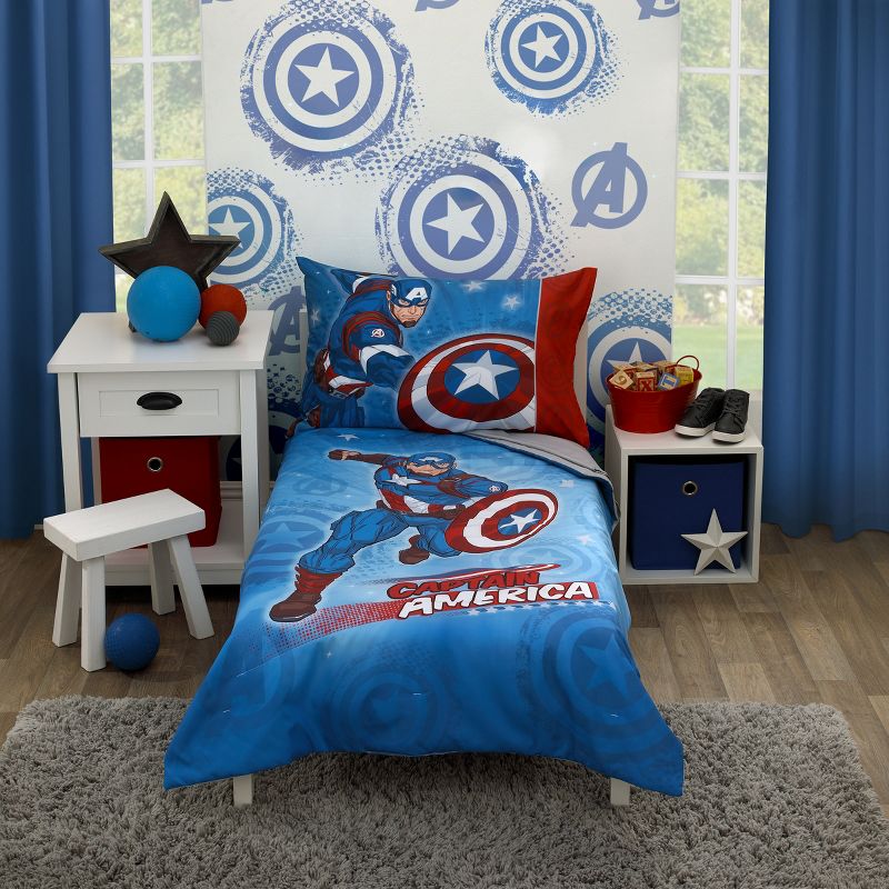 Marvel Captain America Red, White, and Blue 4 Piece Toddler Bed Set - Comforter, Fitted Bottom Sheet, Flat Top Sheet and Reversible Pillowcase, 1 of 7