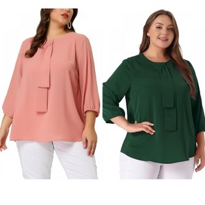 Women's Plus Size 2 Pieces 3/4 Sleeves Round Neck Ruffle Chiffon Work Blouse - Agnes Orinda - 1 of 4
