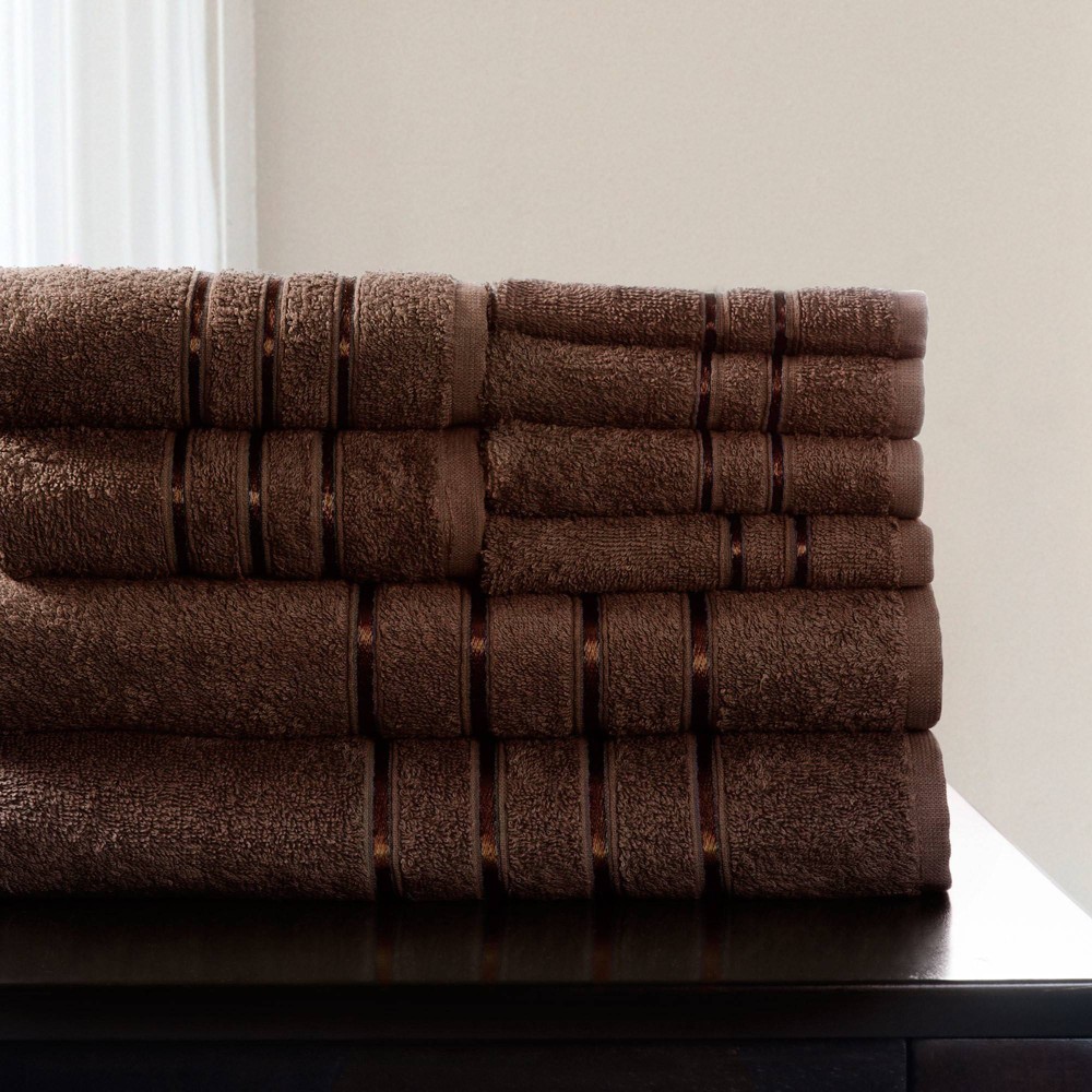 Photos - Towel 8pc Plush Cotton Bath  Set Dark Brown - Yorkshire Home: Includes Hand & Washcloths, Striped Lightweight Design