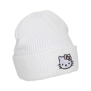 Hello Kitty Ribbed Knit, Embroidered Character On White Cuff Beanie - 1 of 4