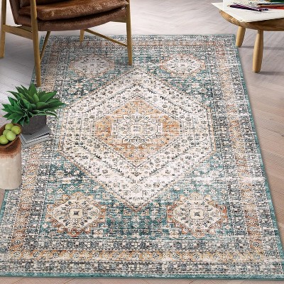 Vintage Washable Rugs Traditional Rugs Machine Washable Area Rugs with Non-Slip Backing Stain Resistant Indoor Carpet Low Pile Floor