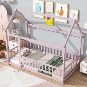 NicBex Twin/Full Size House Bed Frame,Toddler Floor Platform Bed with Roof Frame and Guardrails,Montessori Floor Bed for Kids,Adults,Teens - 1 of 4