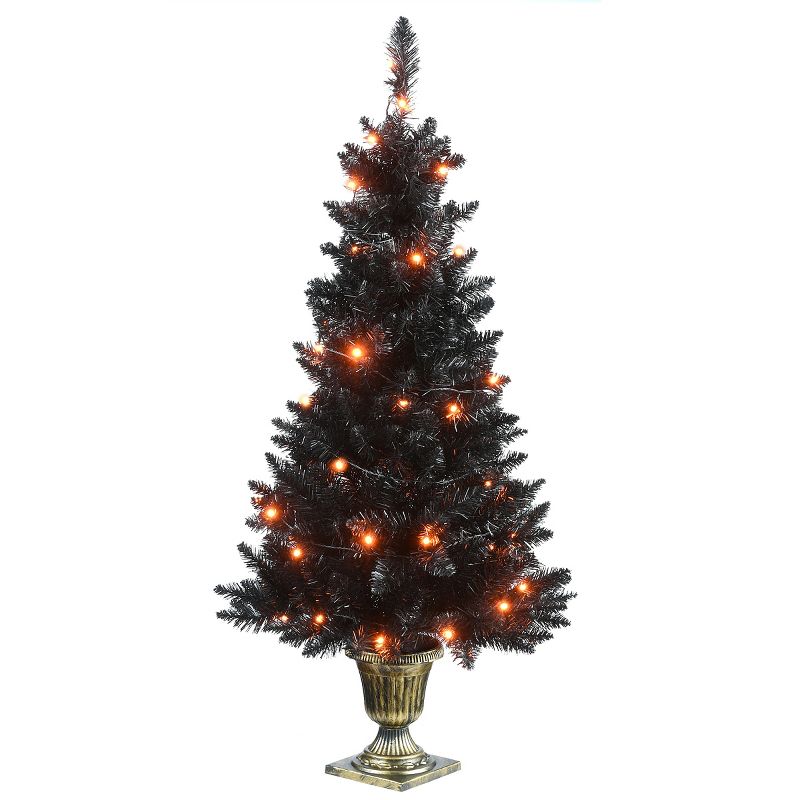 National Tree Company 4 ft. Black Entrance Tree with String of Orange Lights, 1 of 6