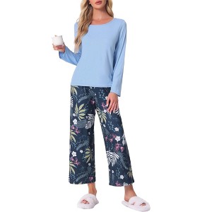 cheibear Women's Floral Capri Long Sleeve Shirt Soft Strechy Lounge Pajama Sets - 1 of 4