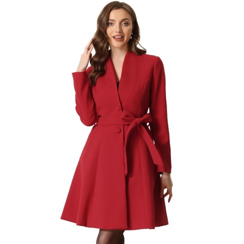 Allegra K Women's Vintage Coat Collarless Winter Elegant A-Line Coats with  Belt Dark Red X-Small