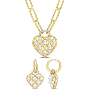 EVERLY JEWELRY | Yellow Plated Sterling Silver White Cultured Freshwater Pearl 1/10ct TDW Diamond 2-Piece Heart Necklace and Earrings Set - 1 of 4