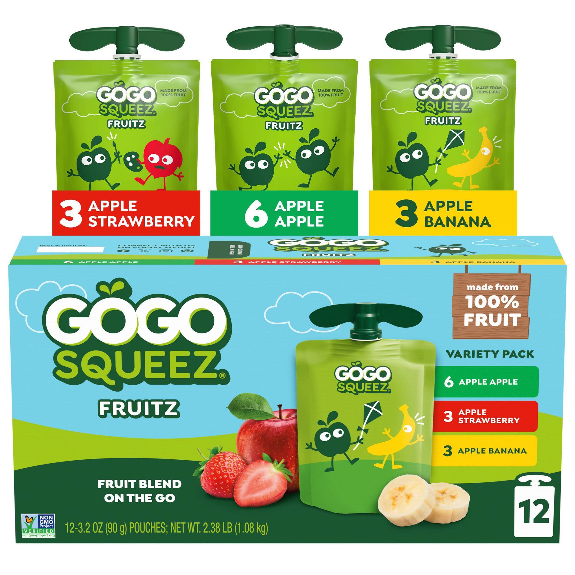 GoGo squeeZ Applesauce and Fruit Puree Variety Pack, Apple, Banana & Strawberry - 3.2oz/12ct