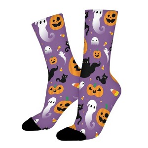 Purple Hallowen Black Cat Boo Women Printed Crew Socks Funny Funky Socks Soft Polyester Novelty Gifts for Artists Men - 1 of 1