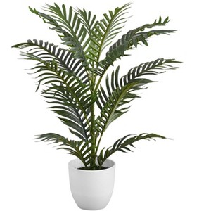 Okak 28IN Artificial Palm Tree with Real Touch Green Leaves, Faux Tree with White Pot, Decorative Fake Plants for Home Decor, Green - 1 of 4