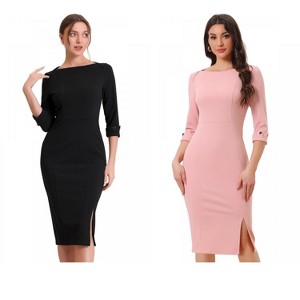 INSPIRE CHIC Women's Elegant Boat Neck 3/4 Sleeves Work Midi Split Sheath Dress 2 Packs - 1 of 4