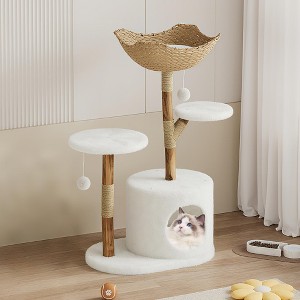 Modern Cat Tree with Basket, Real Wood Climbing Tower for Large Cats Up to 22Lbs, Natural Rattan and Sisal Scratching Perch for Indoor Cats - 1 of 4