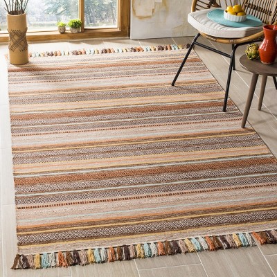 Handmade Brown and Multicolor Wool Cotton Flat Woven Area Rug 5' x 8'