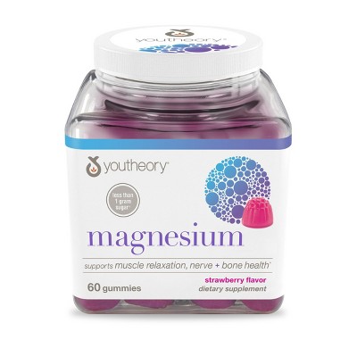 Youtheory Magnesium - Nerve, Muscle & Bone Support Supplement* - Dairy, Soy & Gluten Free - Strawberry, 60 Gummies