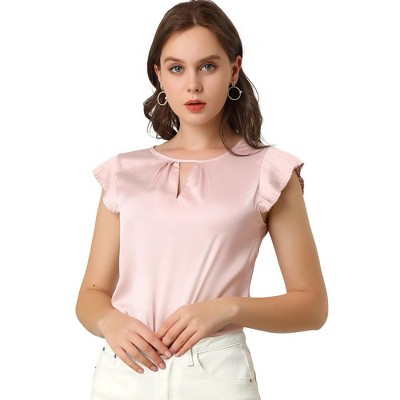 Allegra K Women's Round Neck Cut Out Front Solid Pleated Cap Sleeve Blouse