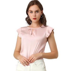 Allegra K Women's Round Neck Cut Out Front Solid Pleated Cap Sleeve Blouse - 1 of 4