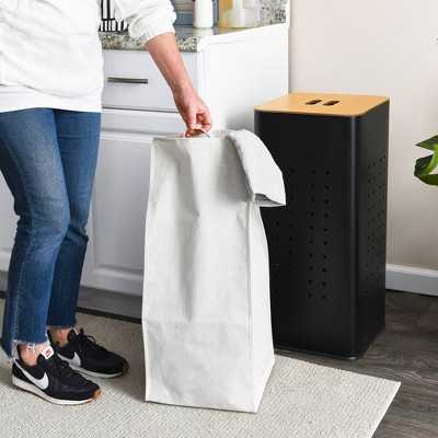 Black Steel Laundry Hamper with Wood Lid and Handles