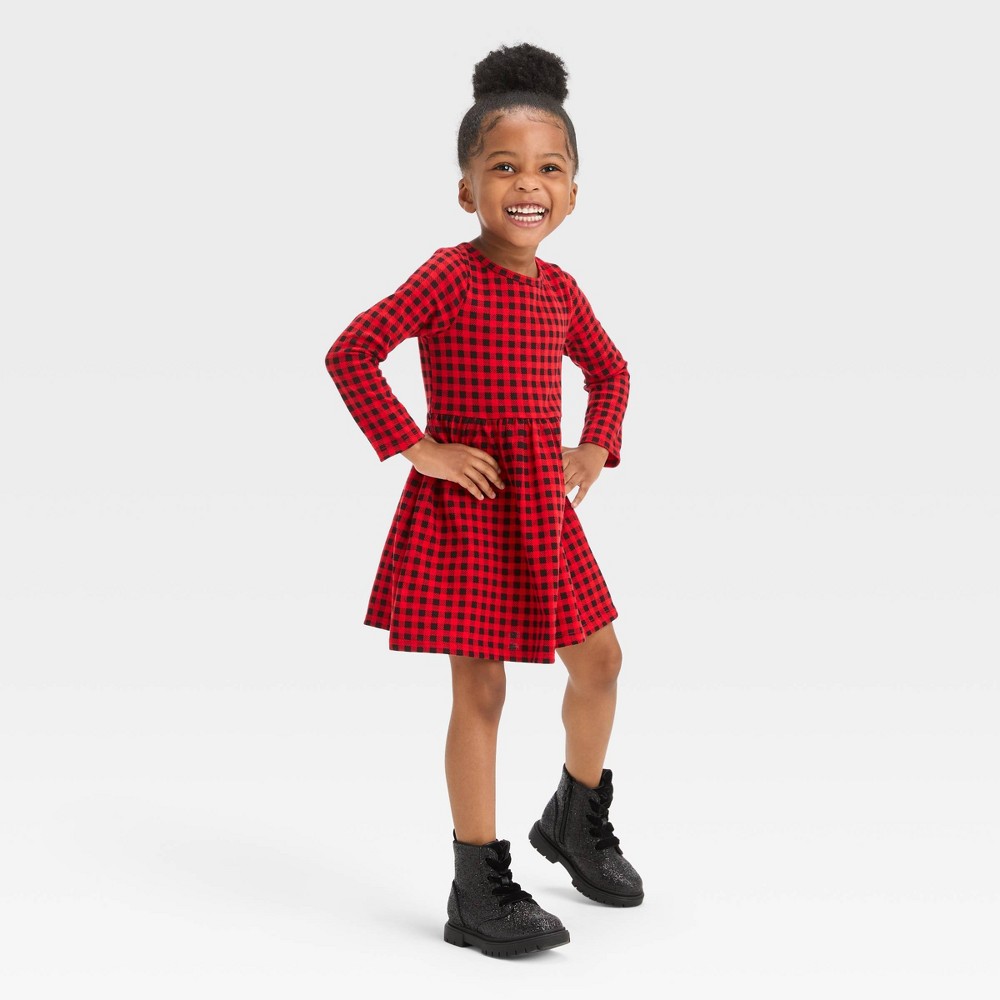 Toddler Girls' Checkered Long Sleeve Dress - Cat & Jack™ Red 2T -  88545479