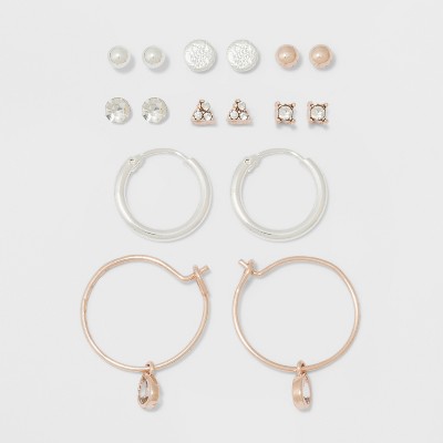 Two Stones, Two Balls, Triangle, Flat Circle, & Hoop Stud Earring Set 8pc - A New Day™