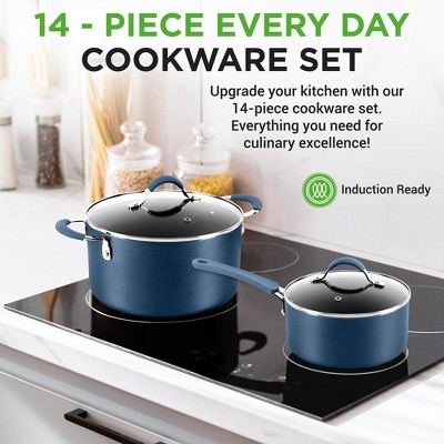 NutriChef 14-Piece Navy Blue Non-Stick Aluminum Cookware Set