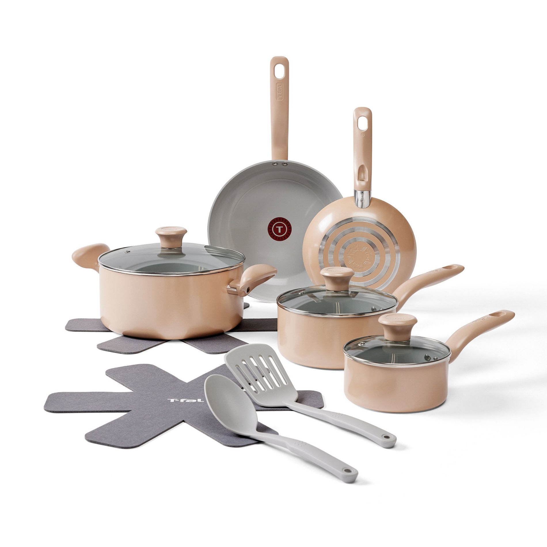 T-Fal 12pc Simply Cook Ceramic Cookware Set Beige: Nonstick Pots & Pans, Tempered Glass Lids, Ergonomic Handles