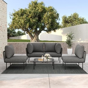 LayinSun 5 Pieces Rope Woven Patio Furniture Set, Modern Modular Sectional Sofa with Coffee Table and Upgrade Thickness Cushion - 1 of 4