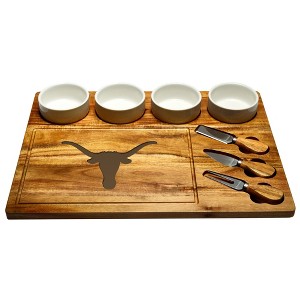 NCAA Texas University at Austin Longhorns Large Acacia  Charcuterie Board with Ceramic Dip Bowls & Cheese Knife set - 1 of 4