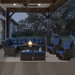 POCASSY 7-Piece Outdoor Furniture Set with Propane Fire Pit Table, Outdoor Living Set with All-Weather Brown Wicker Sectional Sofa and Swivel Chair - 1 of 4