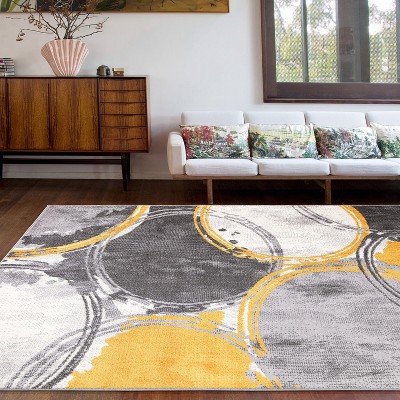 Yellow and Gray Geometric Circles 5' x 7' Synthetic Area Rug