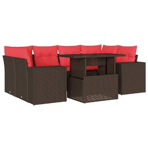 vidaXL 7 Piece Garden Sofa Set with Cushions Poly Rattan - Brown without storage - 1 of 4