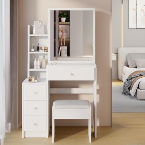 Gulches 29.2" Left Bedside Cabinet Vanity Table + Stool, Large Right sliding mirror, Multi Layer Storage, Fashion Dresser, Suitable For Small Space - 1 of 4