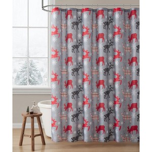 Kate Aurora Plaid Christmas Woodland Reindeer & Snowflakes Fabric Shower Curtain - Standard Size - 1 of 3